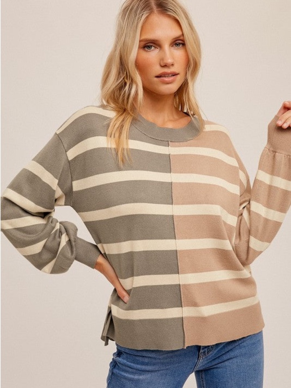 Hem & Thread Boho Striped Colorblock Knit Top Large Oversized Earth Tones